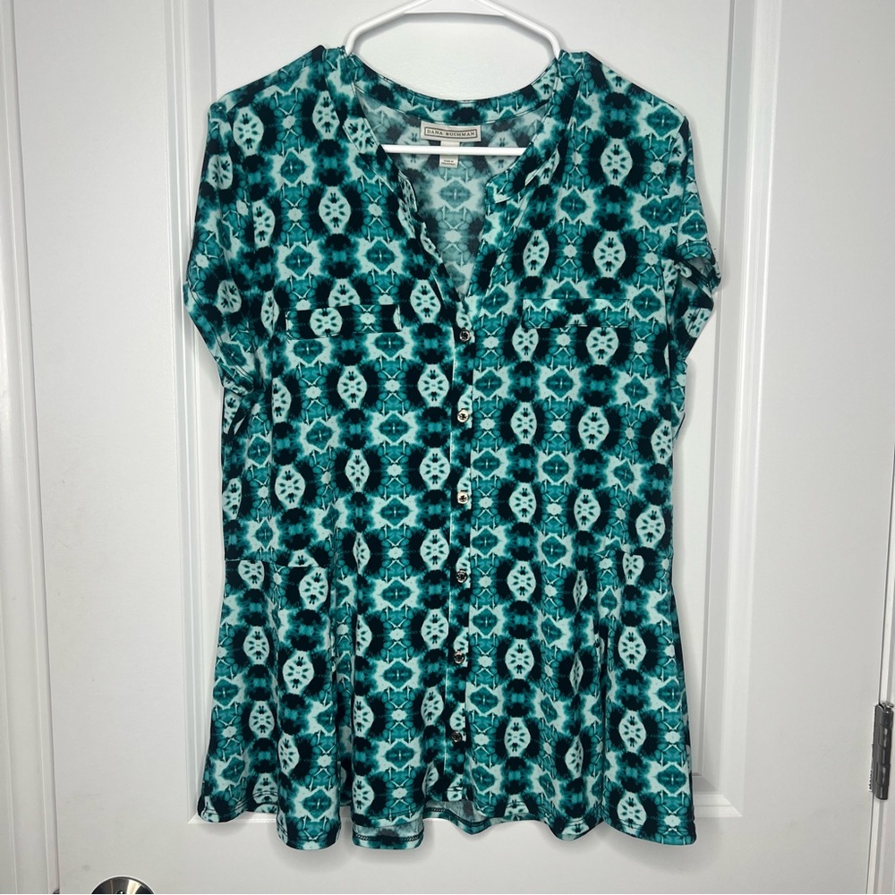 Dana Buchman Blouse Women’s Size XL Teal and Black Geometric Peplum Flowy
